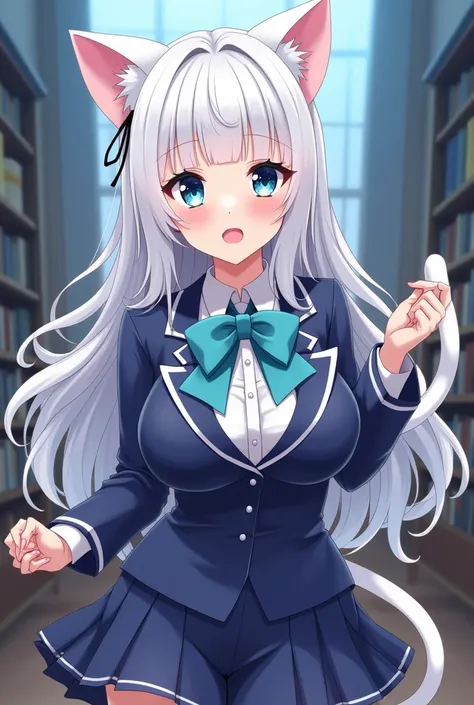 White hair and light blue eyes has BIG BREASTS and LIPS. Cat ears and cat tail (Anime girl) She is a student at the UA school in Boku no hero was wearing her uniform now 