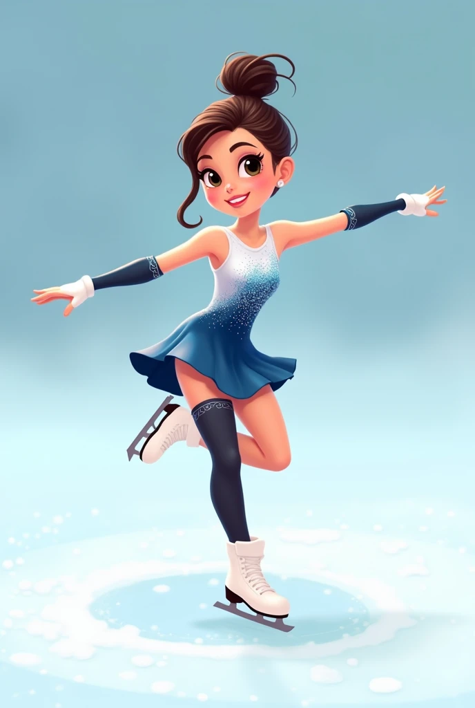 a figure skater in a cartoon style doing a scratch spin with dark brown hair in a bun and dark brown eyes she should wearing a white and blue outfit with white skates and black leg warmersa figure skater in a cartoon style doing a scratch spin with dark br...