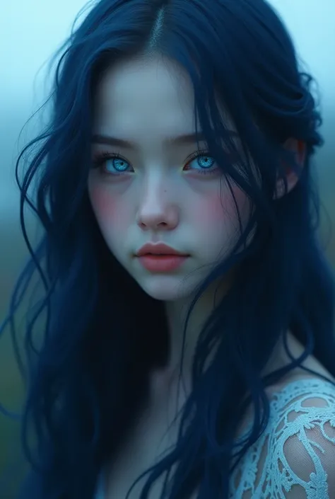 girl with long dark blue hair, eyes with blue sclera and white pupils, 