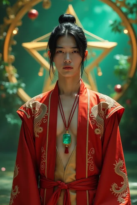 A young and elegant Asian man ,  with smooth black hair that falls softly over his shoulders , dark and piercing eyes,  and symmetrical features that exude calm and confidence .  He wears a traditional red and gold hanfu ,  with intricate Chinese dragon pa...