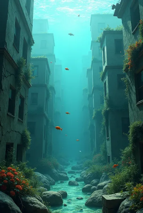  Aquarium scenery template shaped like a submerged city. Several tall and small buildings.realistic. cracked walls.  Covered with aquatic plants .  Small school of fish . streets. empty