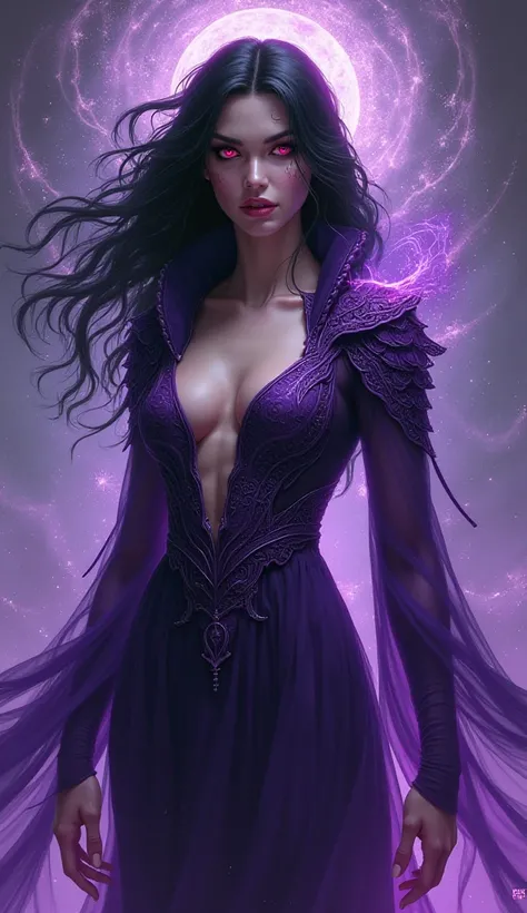 beautiful, Evil Goddess Eris with purple clothes,  with red eyes,  with black hair 