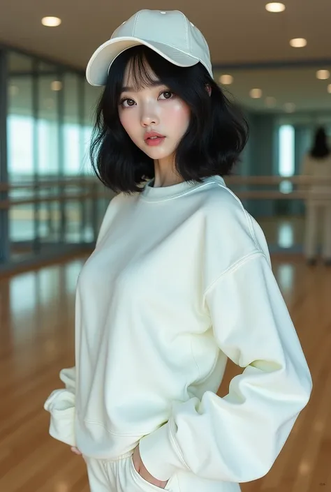 Korean idol ,  with big black hair , white, thin, like slanted eyes ,  a sweatshirt and sweatpants ,  with a cap in a dance room.