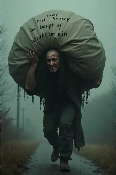   Image of photo manipulation The man carries a heavy burden " Not as heavy as the weight of sin "  on the man is the inscription 