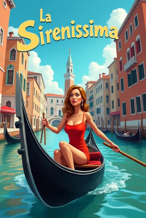  Make an image of a woman riding a gondola along a canal in Venice,  must be in color and must represent a comic situation . 
It is important that the name “LA SIRENISSIMA” appears 