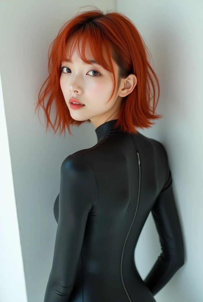 19-year-old asian model, medium-length rough-chopped red hair, perfect make-up, skin-tight seamless rubber bodysuit, standing, white wall behind her, facing viewer, looking up at viewer, viewed from above.