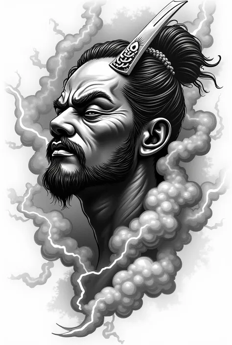 Black and white vector tattoo of a praying Japanese profile mempo surrounded by electric cloud, detail,  realistic  