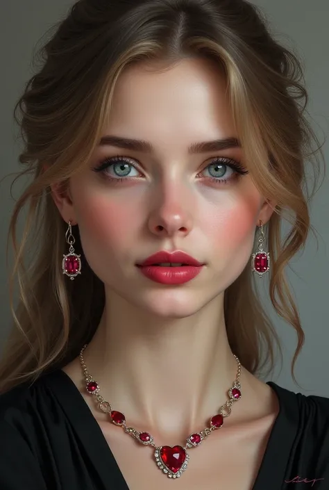 Realistic painting Russian woman of 20 years old long wavy silver eyes intense light gray eyes deep red lips long eyelashes defined nose white skin color pink cheeks defined fractions enviable factions beautiful ruby necklace black clothes elegant ruby flo...