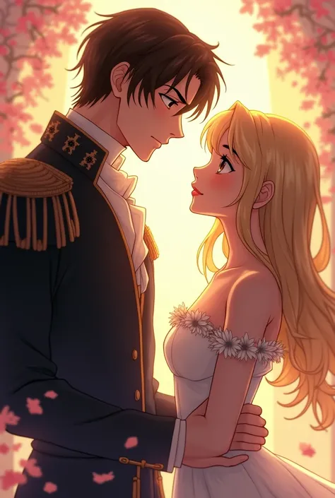 Draw a couple looking at each other ,  the woman is a blonde miss and the man a serious prince,  has brown hair and deep eyes , He is tall in dark clothes with a man ,  anime style  