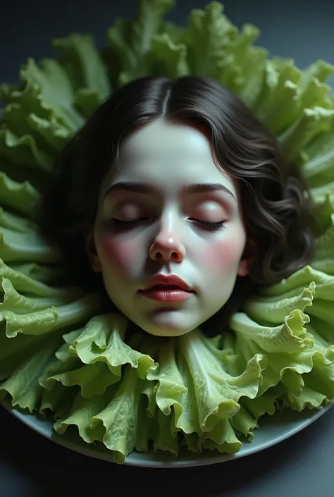 The severed head of a young woman rests on a platter   She seems peaceful. there is no blood and the platter is covers in lettuce