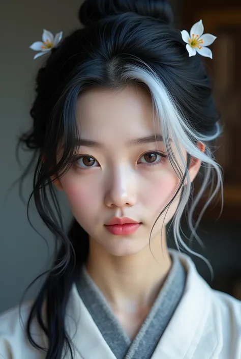 Hair 75% black and 25% white, Chinese with white skin, extremely beautiful, pink lips, violet eyes.