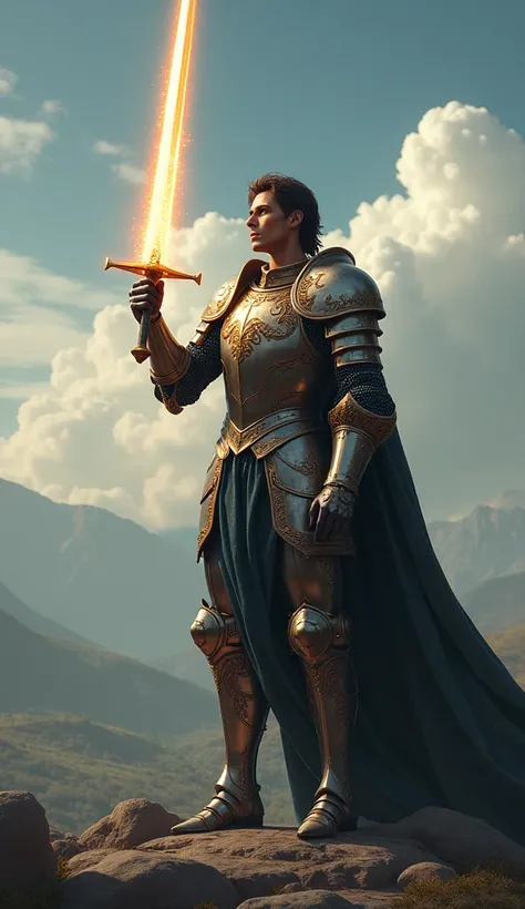 Knight holding a glowing sword in his hand and admiring his beaty