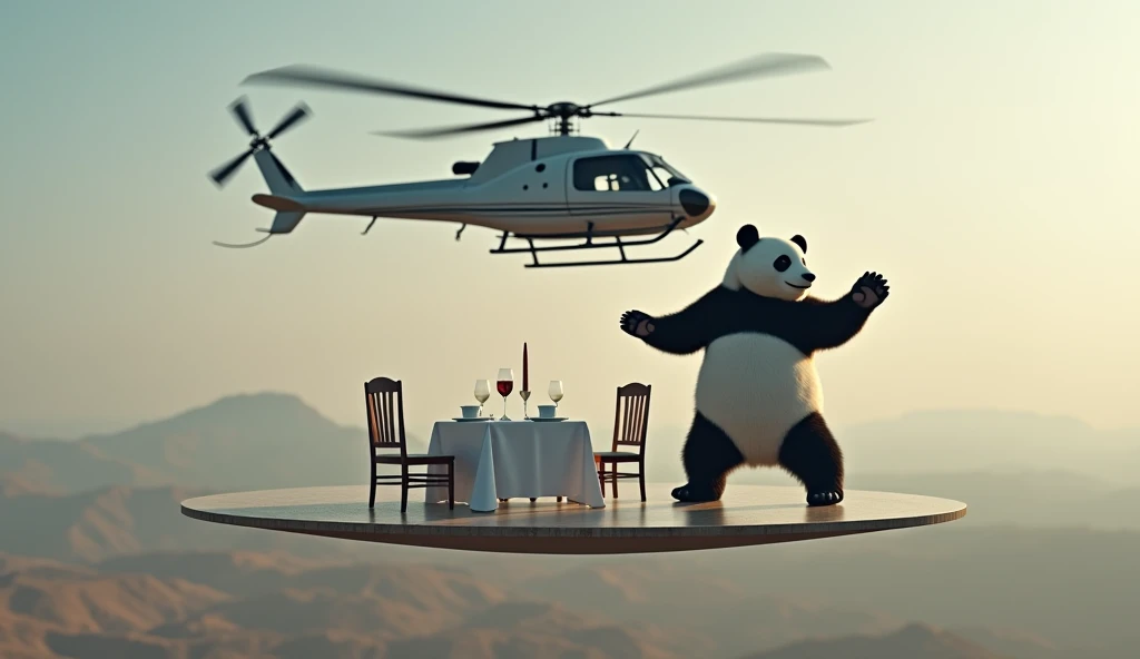 A helicopter in the sky above the ground holds a table and chairs on a rope, and a real panda of maximum quality is dancing on the table, HD. 16K.  as realistically as possible . 