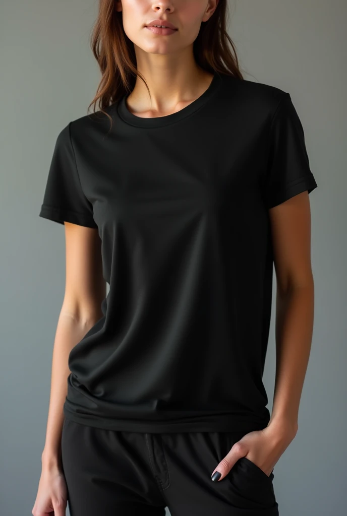 Essential BLACK T-Shirt Lifestyle Mockup. High quality cotton crew neck MODEL pale European Vamp woman. Subtle movement of the fabric creating natural folds. Studio lighting emphasizing the construction of the garment. Clean composition with strategic shad...