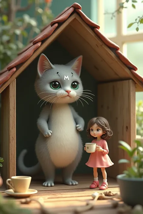 A cat inside a tiny house stands on two gray legs in the middle of the forehead a m kicking in the front a cup of tea with a short brown girl with brown hair, dark eyes in pink shoes and a pink dress.