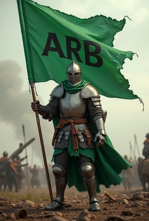 A medieval soldier holding a green flag that says ARB