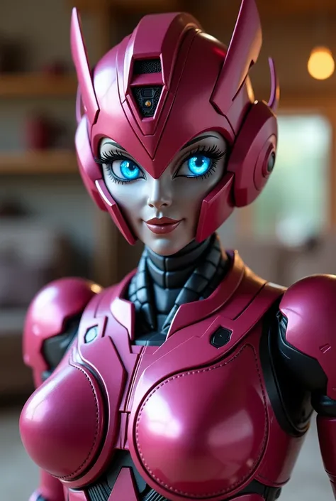  Arcee the autobot from transformers in the family room. Looking at and standing up super close to the camera like a selfie 
Arcee metallic robot  face
Deep dark pink metallic autobot 
Small cute smile
Massive even robot  breasts
Beautiful eyes