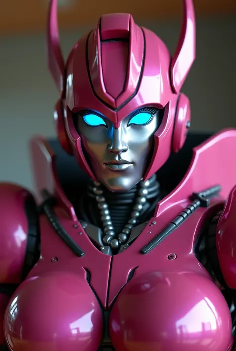  Arcee the autobot from transformers in the family room. Looking at and standing up super close to the camera like a selfie 
Arcee metallic robot  face
Deep dark pink metallic autobot 
Small cute smile
Massive even robot  breasts
Beautiful eyes