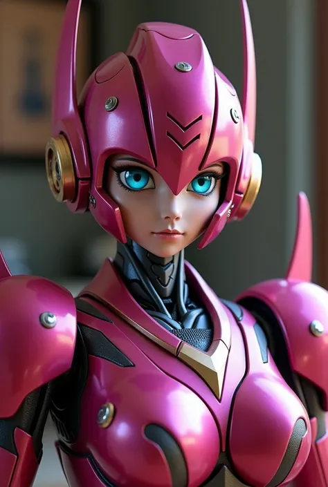  Arcee the autobot from transformers in the family room. Looking at and standing up super close to the camera like a selfie 
Arcee metallic robot  face
Deep dark pink metallic autobot 
Small cute smile
Massive even robot  breasts
Beautiful eyes