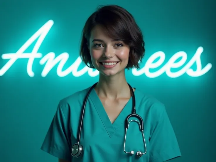 Create a nurse hombre green eyes brunette tea color of uniform aquamarine blue short hair smiling and in the background the name Andrés in blue neon light reality 8k ultra realism high quality high details high definition