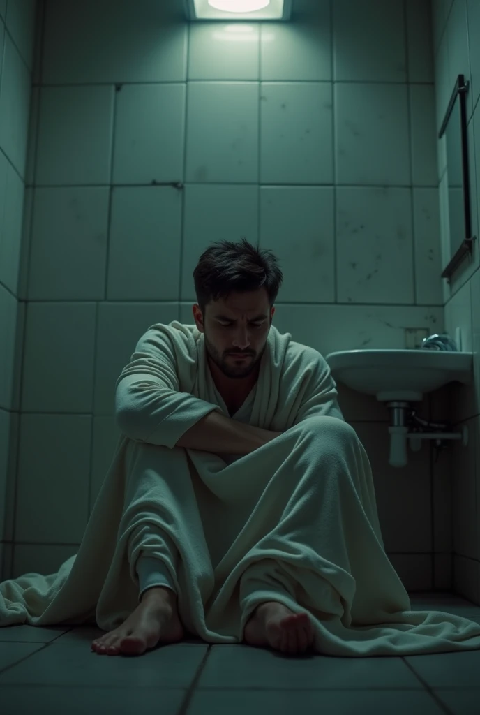 A distraught man sitting on the bathroom floor, wrapped tightly in a disheveled bedsheet, his shoulders hunched as he cries silently. His face shows deep sadness and regret, with tear tracks visible on his cheeks. The bathroom is dimly lit, with a single o...