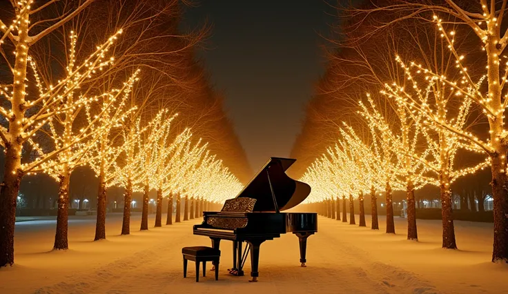 In the park at night when the winter snow is falling, trees shine, each branch carefully decorated with golden lights in a dazzlingly beautiful way. A large black grand piano, lit up with lights, is placed in the park. The lights reflect off the snow-cover...