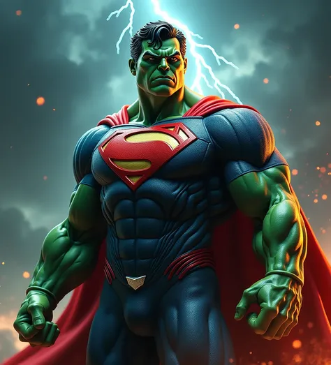 Create a powerful hybrid character combining the Hulk and Superman into one seamless entity. The figure features the hulks color and head fused with Supermans iconic costume and “S” emblem. His build is muscular and divine, with an intense, determined expr...