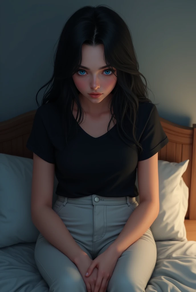 41-year-old woman ,  long straight black hair,  blue eyes ,  black t-shirt ,  white pants ,  on the bed as soon as she wakes up.