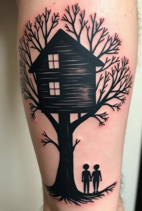  The tattoo theme is the movie  "Bridge to Terabitia ".  The drawing must include the tree and the silhouette of Leslie and Jess (Main Characters)  playing inside the abandoned treehouse .  logo It needs to be minimalist. 