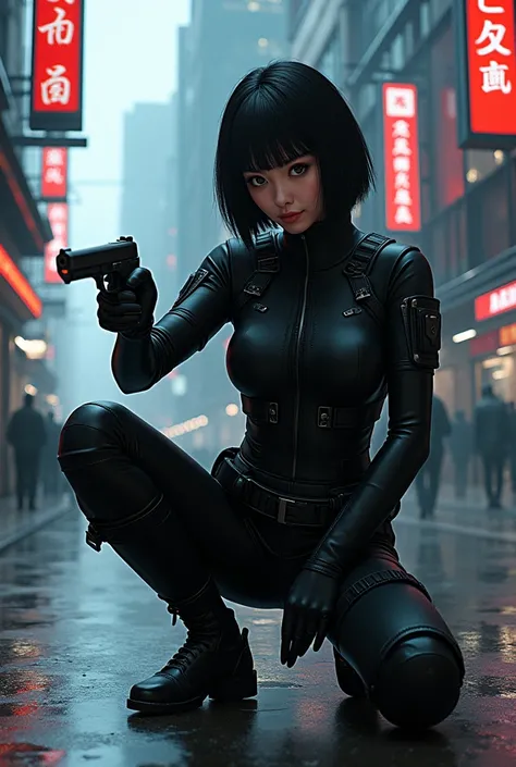 ( masterpiece fails, great quality,mirror, cinematic experience , incredibly detailed ,absurdres ),8 k,wallpaper,,( best illustrations :2.0),(One woman:2.0),(Motoko Kusanaga:2.0),( Ghost in the Shell worldview :2.0),(Black tactical overalls:2.0),(Heavy bla...