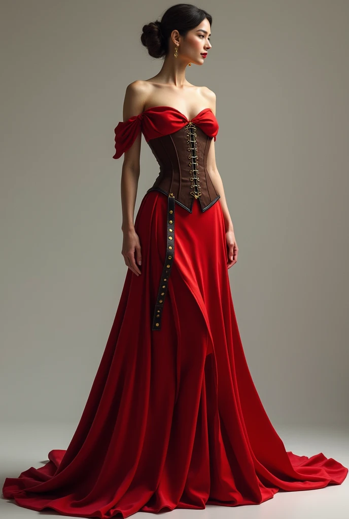  The dress only covers one of her shoulders ,  leaves the other open and flows down into Queen Annes elegant neckline, smooth,  The corset fabric of her dress covers her belly ,  where the continuous flow is interrupted by a long leather belt , that she we...