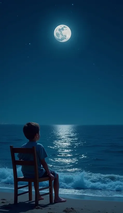 "A beautiful seaside view at night, with the moon reflecting on the calm, dark blue waters. The sky is clear, dotted with stars. On a wooden chair by the shore, a young boy sits, gazing at the tranquil scene. The boy is relaxed, wearing a simple shirt and ...