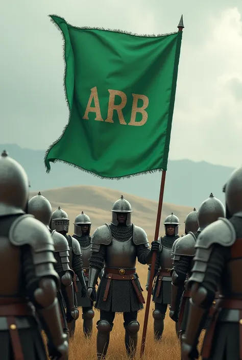 Medieval soldiers holding a green flag that says ARB