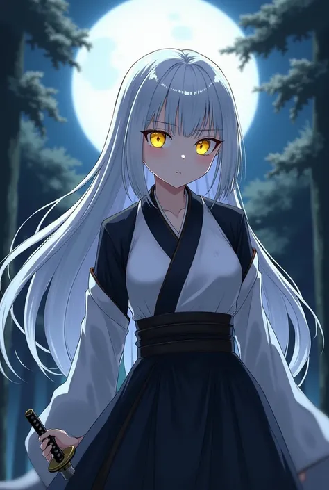  screenshot of Demon Slayer :
Girl with straight white hair , with bangs.
 She has phosphorescent yellow eyes and has a serious expression.  She wears the uniform of black hunters ,  with a black and white haori ,  she has a fighting pose and a katana in h...