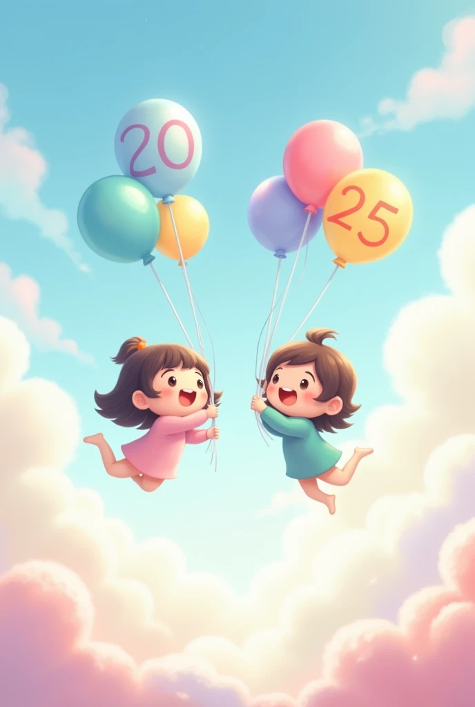 Two cute characters floating in the sky holding balloons one with the number 20 and the other with the number 25 cute Chibi 