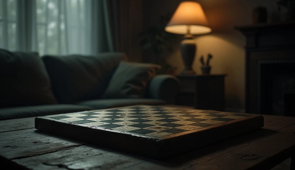  an old checkerboard from the last century on the living table, Melancholic mood at night  