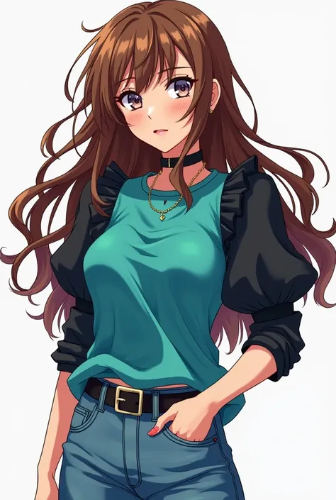 Create a anime styled drawing of a woman with brown long hair, teal shirt, puffy black sleeves and jeans pants