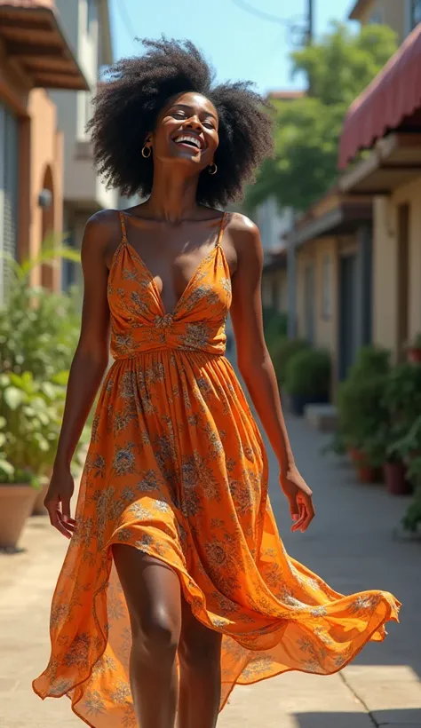 30-year-old black girl. in a dress, stands on the street.  eyes wide open . very joyful. in the background of the house . everything is detailed ,  natural daylight