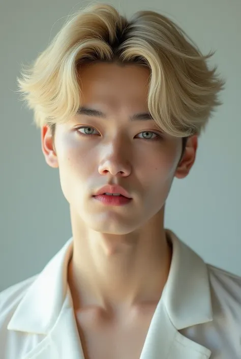 Make a Korean idol ,  with the a mix of the face of Hyunjin and Felix from Stray s,  make him blond but Asian ,  handsome face totally up to Korean beauty standards , he has blue eyes.