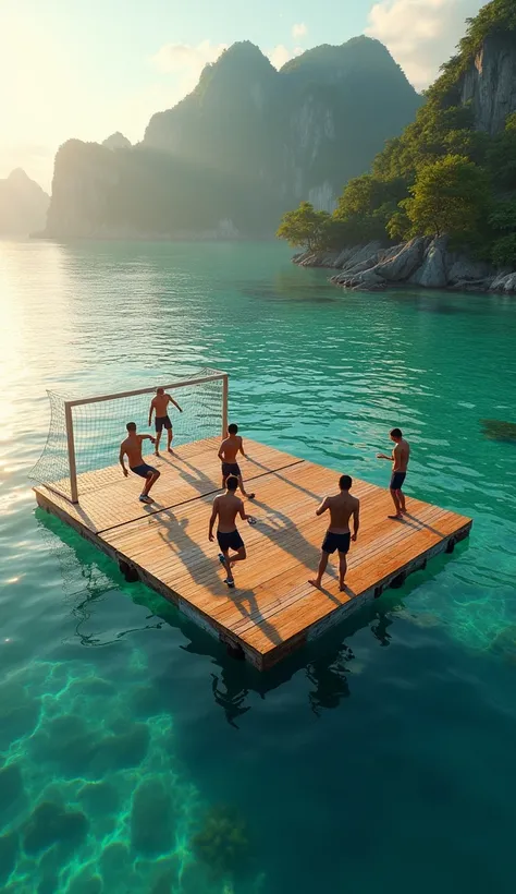  Realistic aerial view of a street soccer game inspired by FIFA Street ,  played on a floating platform in the sea , near the coast of Thailand .  The wooden platform Improvised It is surrounded by crystal clear waters and the tropical mountains of Thailan...