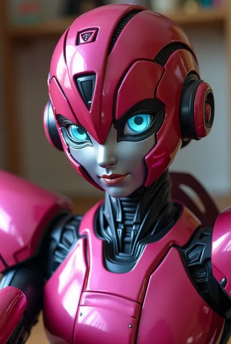  Arcee the autobot from transformers in the family room. Looking at and standing up super close to the camera like a selfie 
Arcee metallic robot  face
Deep dark pink metallic autobot 
Small cute smile
Massive even robot  breasts
Beautiful robot eyes