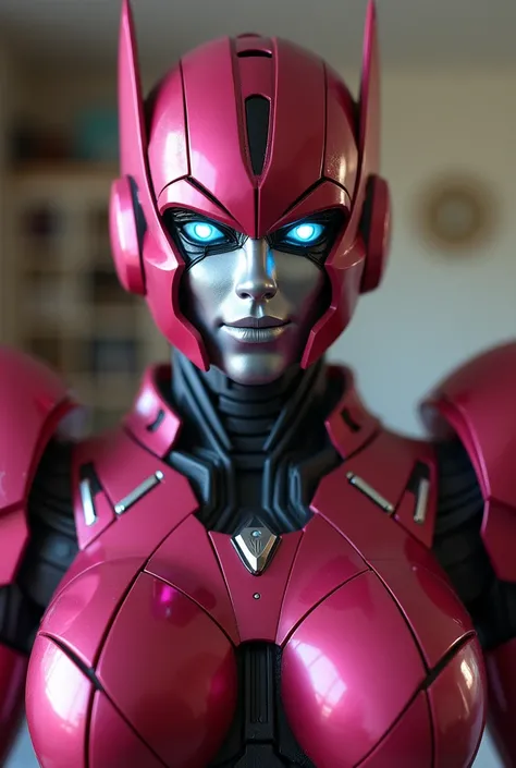  Arcee the autobot from transformers in the family room. Looking at and standing up super close to the camera like a selfie 
Arcee metallic robot  face
Deep dark pink metallic autobot 
Small cute smile
Massive even robot  breasts
Beautiful robot eyes