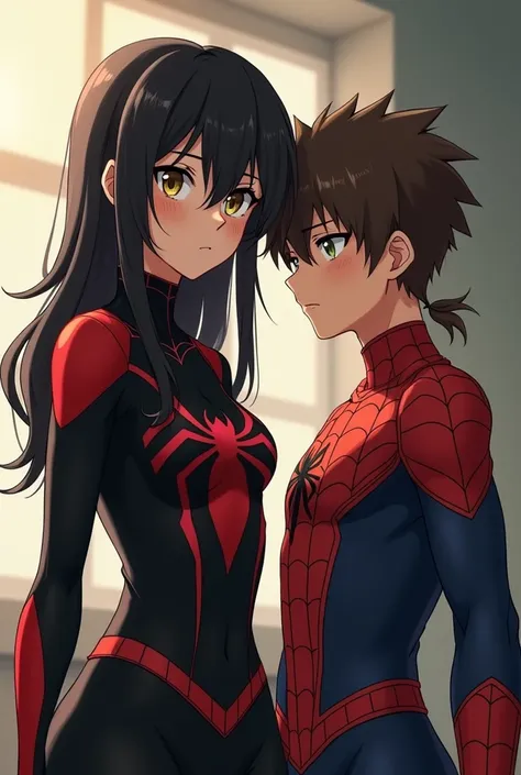 In anime, a girl dressed as Venom  (spiderman)  long black hair brown eyes , con un chico vestido de spiderman, Mullet short brown hair and green eyes make the boy taller than her with short mullet hair and she without bangs with long layered hair 