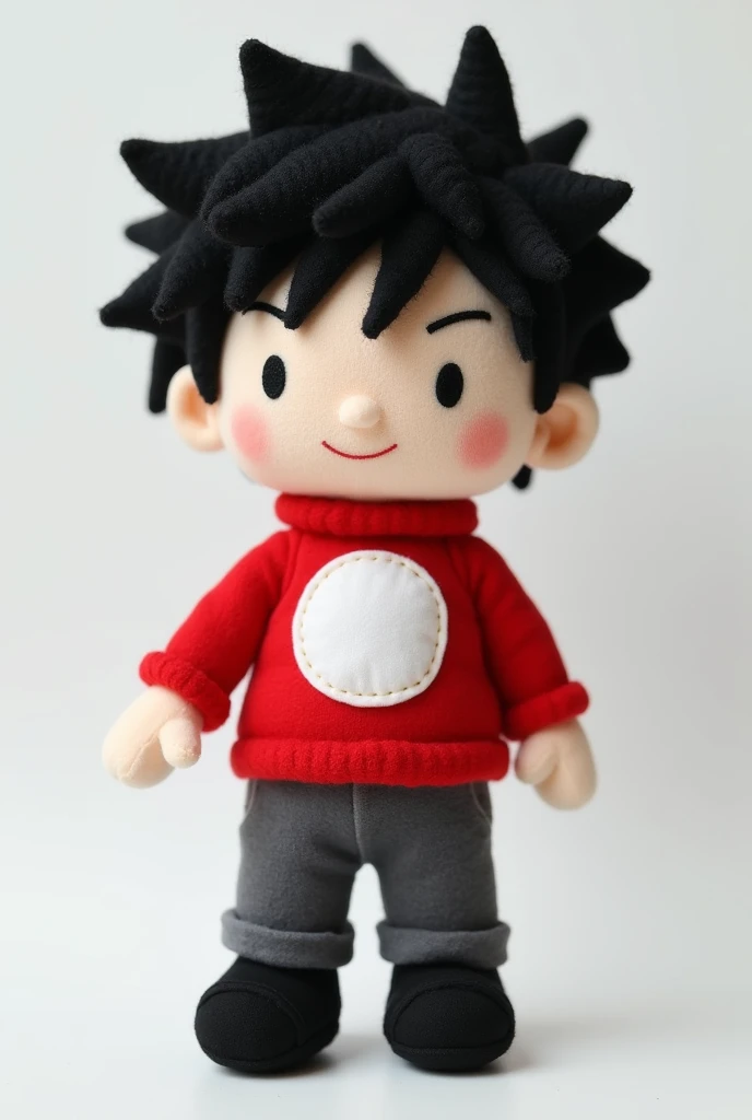 Make a plush of a boy .  his hair is black and he has a big tuft .  his clothes are red with a white circle extended in the middle.  he wears dark gray pants and black shoes . Your skin color is totally white, bee.