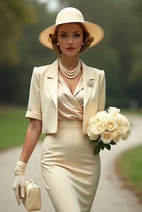 Create an elegant vintage-inspired womens outfit in light cream or beige tones. The ensemble should include a fitted high-waisted pencil skirt and a matching cropped jacket. The top should be a silky, draped blouse with a V-neckline. Accessorize with a wid...