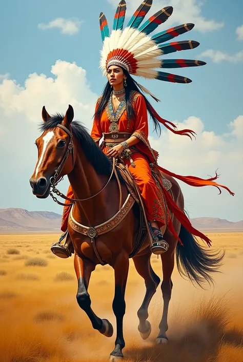 modern painting, indigenous woman with a feathered headdress on her head riding a horse 