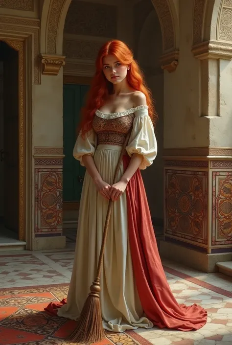 ( Moroccan masterpiece ), ( Best quality ),  8k resolution, jeune servante de 13ans au corps voluptueux, redhead, Middle Ages style dress, balayant une pièce dun chateau fort