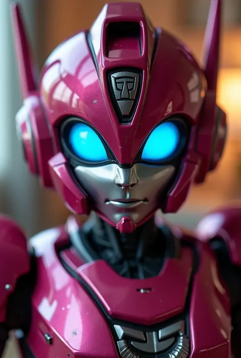  Arcee the autobot from transformers in the family room. Looking at and standing up super close to the camera like a selfie 
Arcee metallic robot  face
Deep dark pink metallic autobot 
Small cute smile
Massive even robot  breasts
Beautiful glowing  eyes