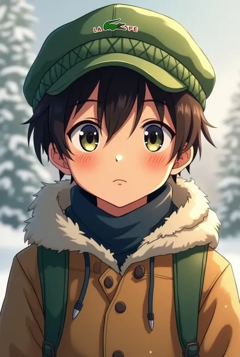 Boy with light brown skin, Lacoste hat, in addition to wearing a long-sleeved shirt Ideal for Winter, light brown eyes with green edges. with anime name