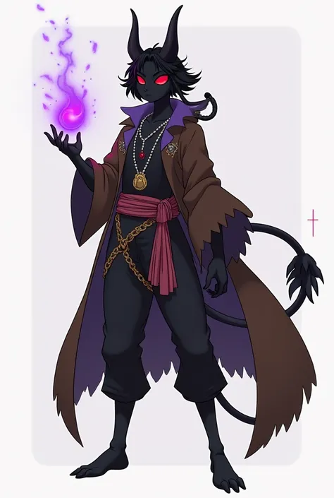 Create an anime drawing of a humanoid fully black creature with tall straight horns, wavy short hair with ponytail and a white strand of hair in It, with a brown pirate like clothing and long legs, with red eyes holding purple magic in Its hand